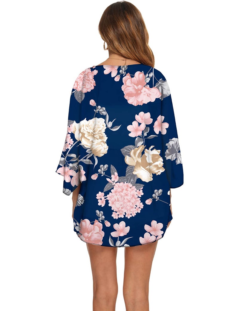BB&KK Women's Chiffon Floral Kimono Cover Ups Tops Lightweight Summer Cardigans Beach Sheer Boho Shirts Deep Blue Small - Image 2